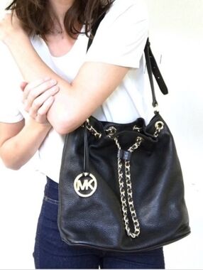 Michael Kors Black Leather Bucket Bag with Gold Chain